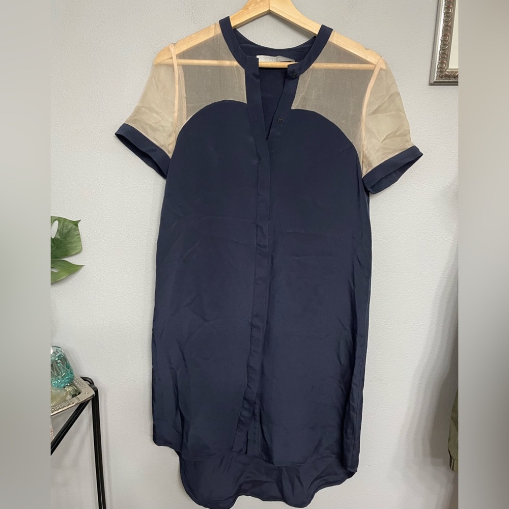 Susan Woo Navy Blue /Tan Silk High/Low Shift Dress size 4